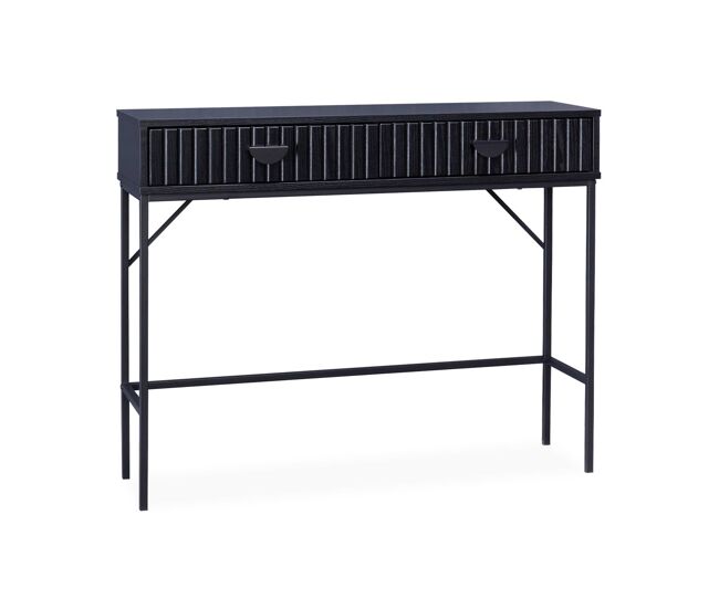 Consola com efeito de madeira ranhurada de 2 gavetas, bazalt, noir, 100x29x79.5 cm