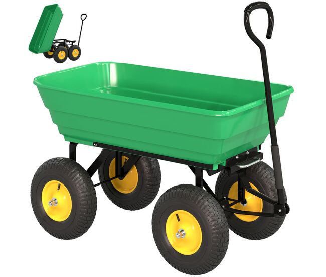 Outsunny carrinho de jardim com caçamba inclinável até 75° carrinho de mão com guiador ajustável e 4 pneus capacidade máxima 75l aço 109x52x94 cm