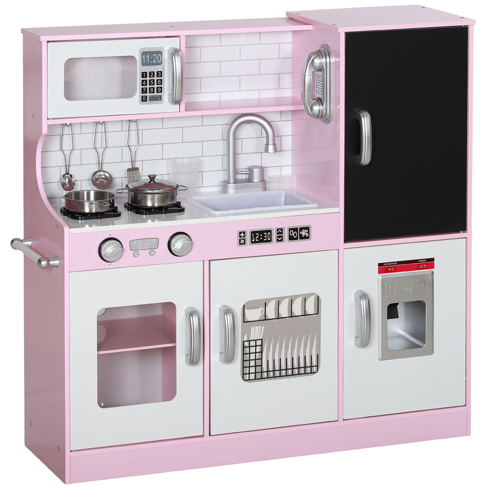 Aiyaplay cozinha de brincar para enfants acima de 3 anos cozinha infantil de madeira com acessórios machine de gelo ardósia e telefone 83,8x26,8x81 cm rosa