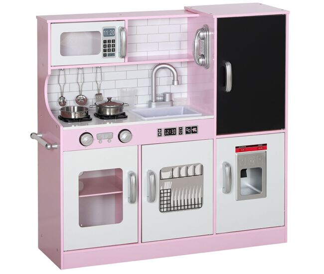 Aiyaplay cozinha de brincar para enfants acima de 3 anos cozinha infantil de madeira com acessórios machine de gelo ardósia e telefone 83,8x26,8x81 cm rosa