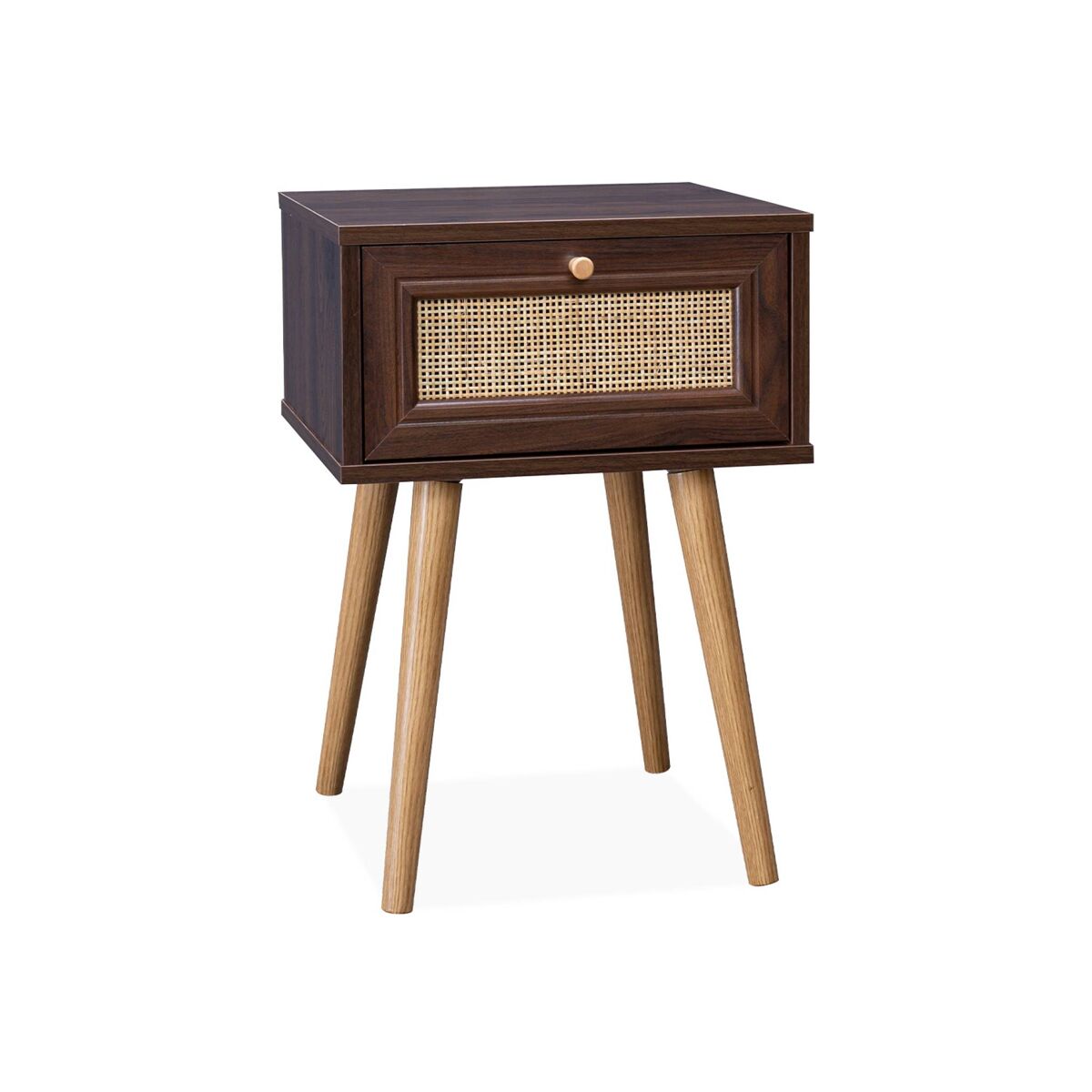 Mesa de cabeceira com efeito madeira e cana, 1 gaveta, boheme, madeira escura, 39x39x55.4 cm