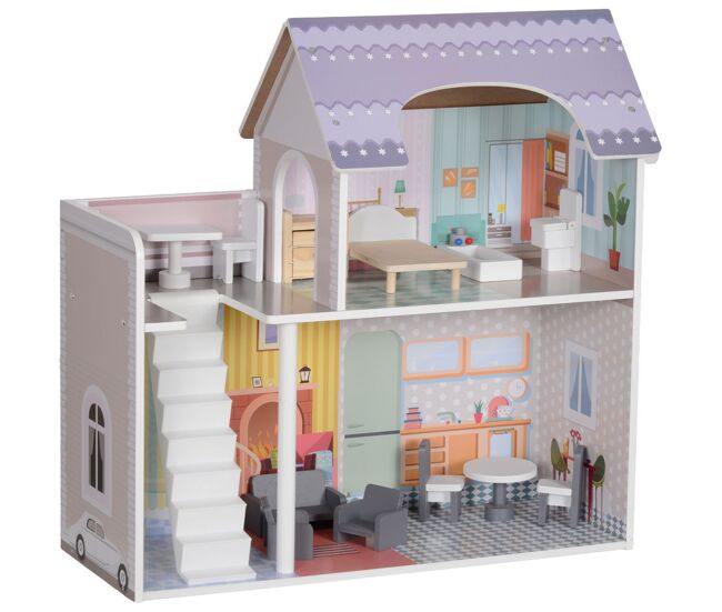 Aiyaplay casa de bonecas com móveis e acessórios casa de bonecas de madeira com varanda e 2 andares brinquedo para meninas e meninos acima de 3 anos 60x26,6x60 cm multicor
