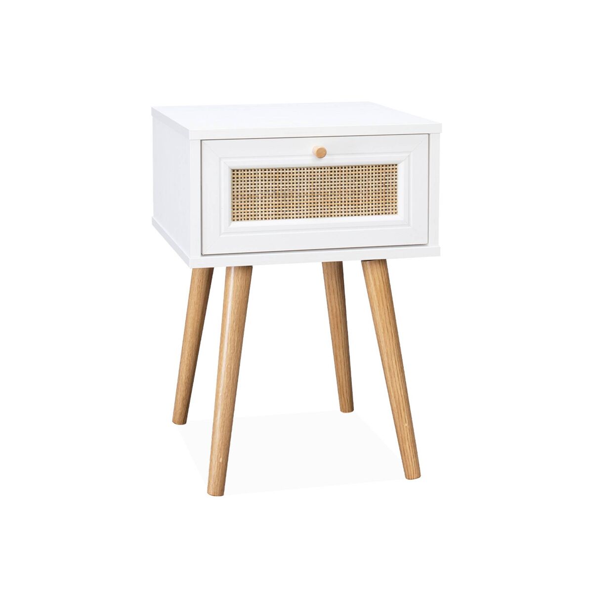 Mesa de cabeceira com efeito madeira e cana, 1 gaveta, boheme, branco sujo, 39x39x55.4 cm