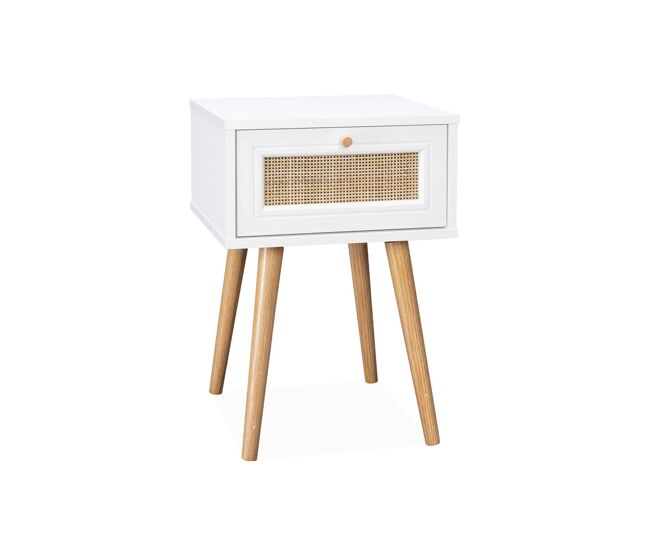 Mesa de cabeceira com efeito madeira e cana, 1 gaveta, boheme, branco sujo, 39x39x55.4 cm
