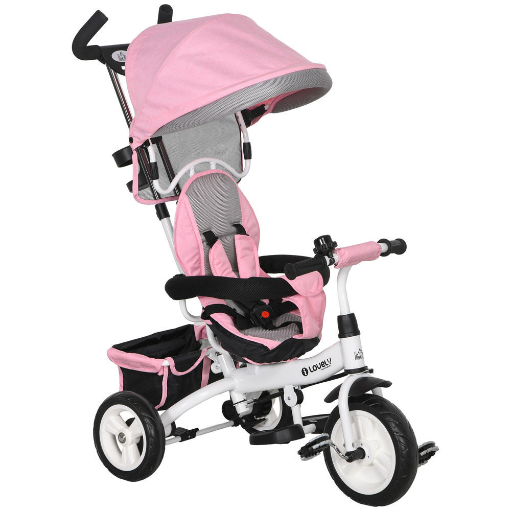 Homcom triciclo para bebés 2 em 1 triciclo evolutivo para enfants de +12 meses com toldo dobrável guiador telescópico e removível cinto de segurança e cesto 95x50x106 cm rosa