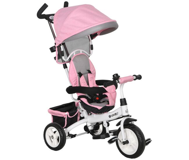 Homcom triciclo para bebés 2 em 1 triciclo evolutivo para enfants de +12 meses com toldo dobrável guiador telescópico e removível cinto de segurança e cesto 95x50x106 cm rosa