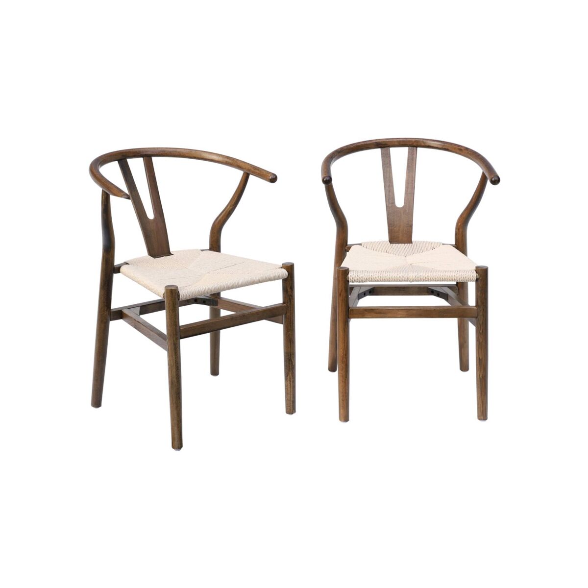 Conjunto de duas cadeiras vintage em madeira de seringueira castanha antiga com assento em corda e encosto arredondado