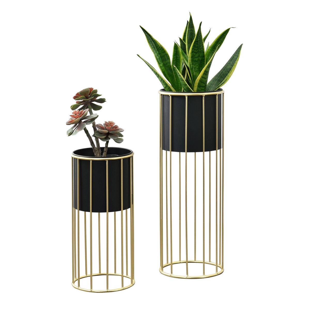 Conjunto de 2 suportes para plantas mortsel - metal 46 x 22 x 22 x 22 cm e 70 x 25 x 25 x 25 cm - preto e dourado [en.casa]
