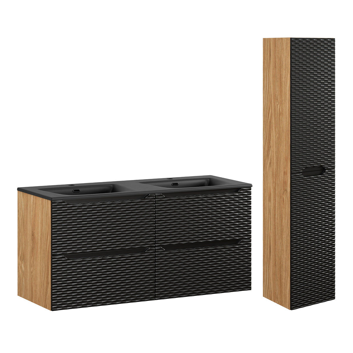 Conjunto móvel lavatório duplo encastrado 120cm 4 gavetas e coluna elora preto e madeira