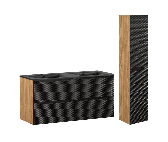 Conjunto móvel lavatório duplo encastrado 120cm 4 gavetas e coluna elora preto e madeira
