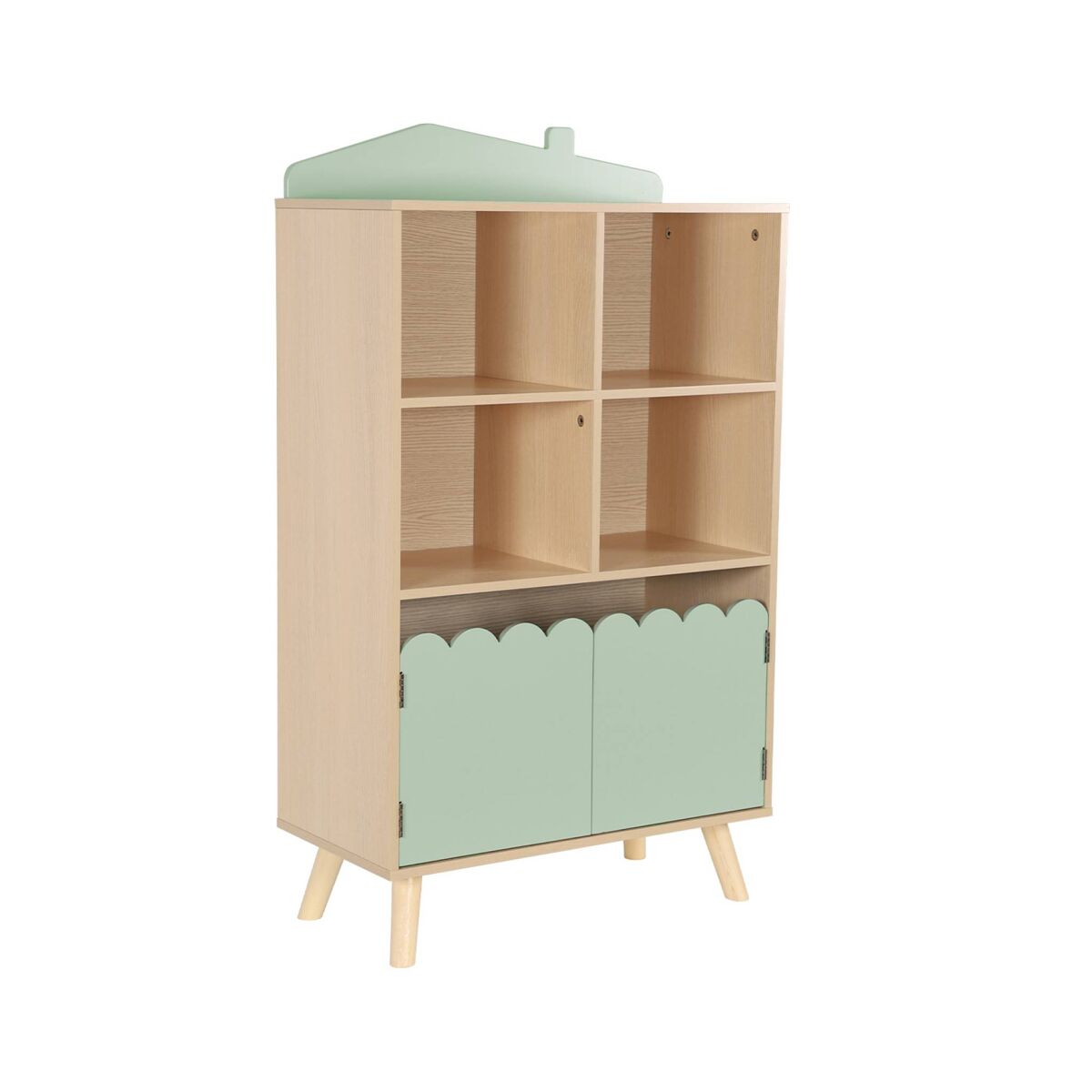 Estante de livros para crianças, 2 portas e 4 prateleiras, azur, verde, 60x30x104.5 cm