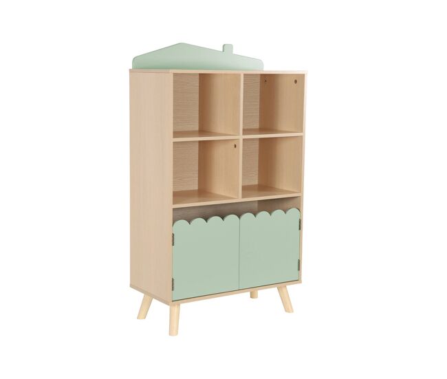 Estante de livros para crianças, 2 portas e 4 prateleiras, azur, verde, 60x30x104.5 cm