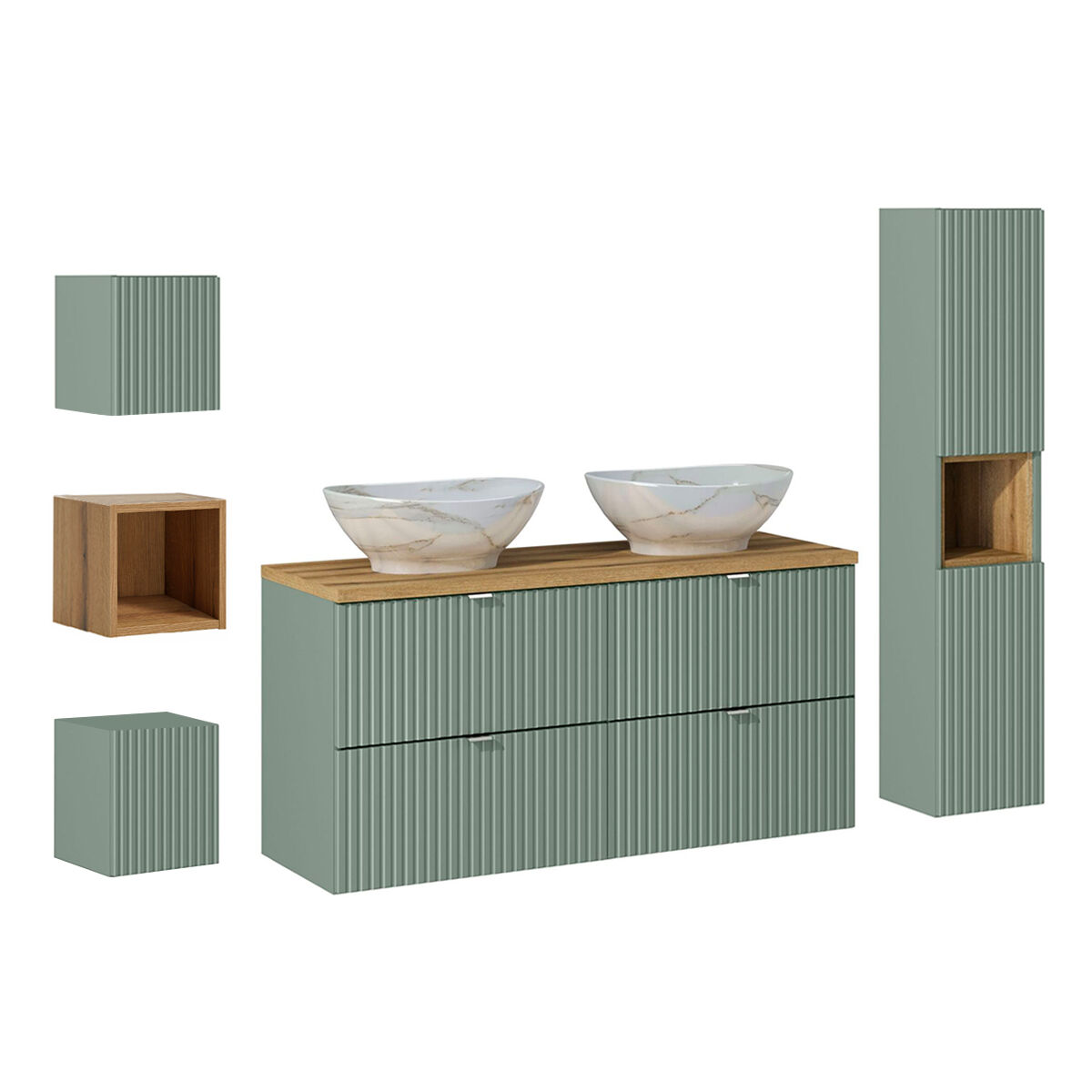 Conjunto de lavatório duplo de com 4 gavetas e 3 armários de parede