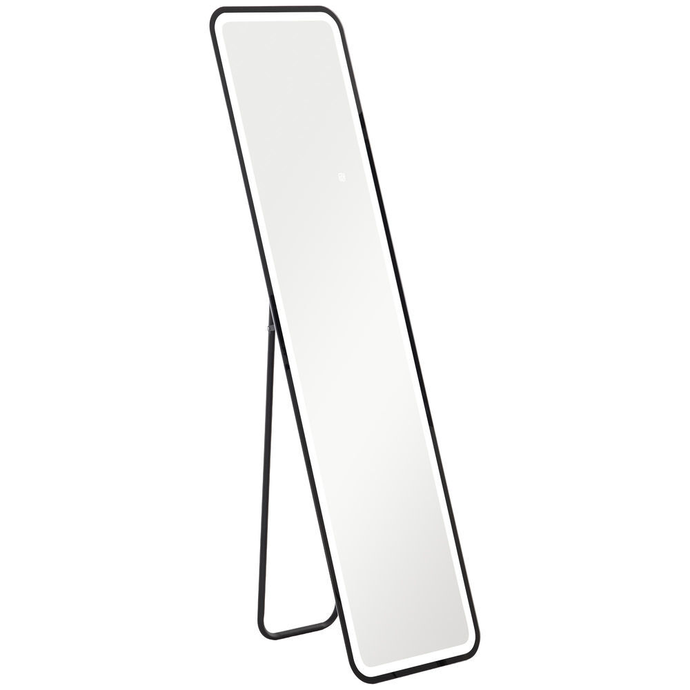 Homcom espelho de pé com luz led 40x150 cm espelho de corpo inteiro sem moldura com iluminação de 3 cores função de memória e controlo tátil inteligente para sala de estar dormitório noir
