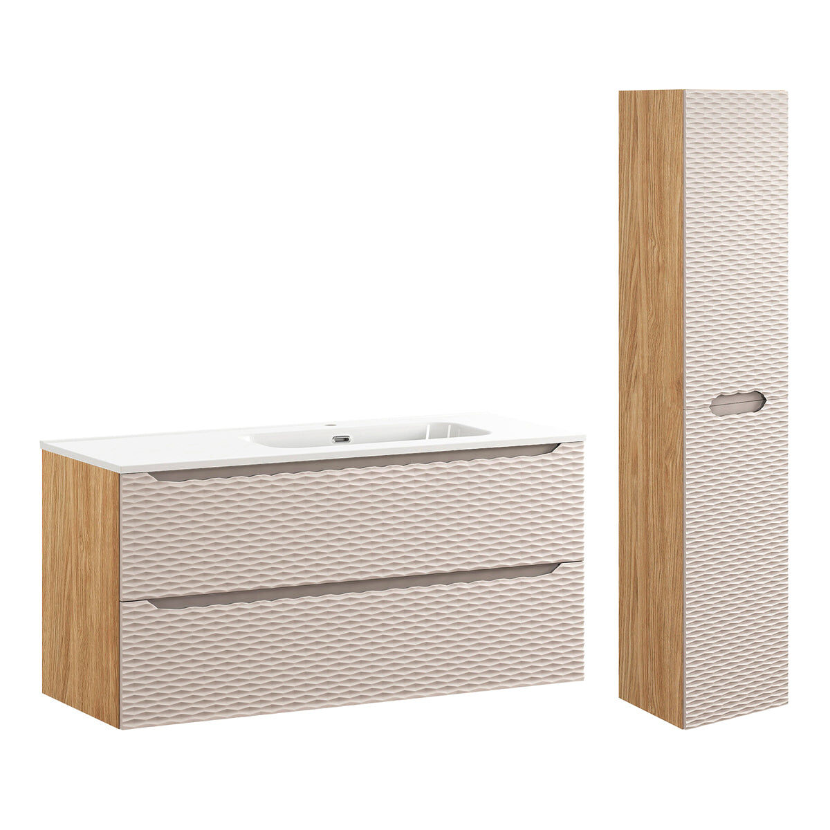 Conjunto de lavatório individual reto 120cm com 2 gavetas e pedestal elora bege e madeira