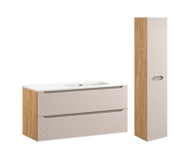 Conjunto de lavatório individual reto 120cm com 2 gavetas e pedestal elora bege e madeira