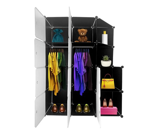Guarda-roupa em cubo personalizável, caixa nyana home 10 cubes/portas, organização doméstica, cabideiro, sapateira, 147x110x47cm, preto