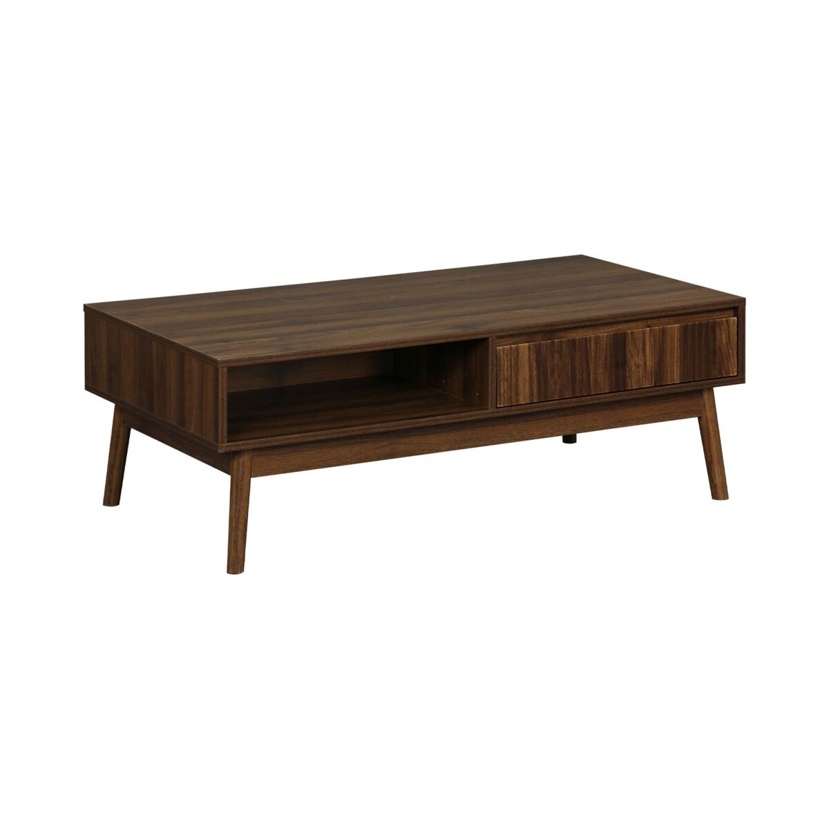 Mesa de centro escandinava com efeito madeira, 2 nichos, linear, madeira escura, 110x59x39 cm