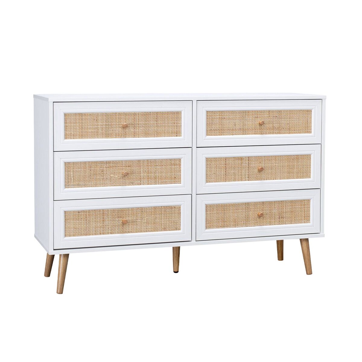 Cómoda com efeito de madeira e cana de 6 gavetas, boheme, branco sujo, 120x39x79 cm