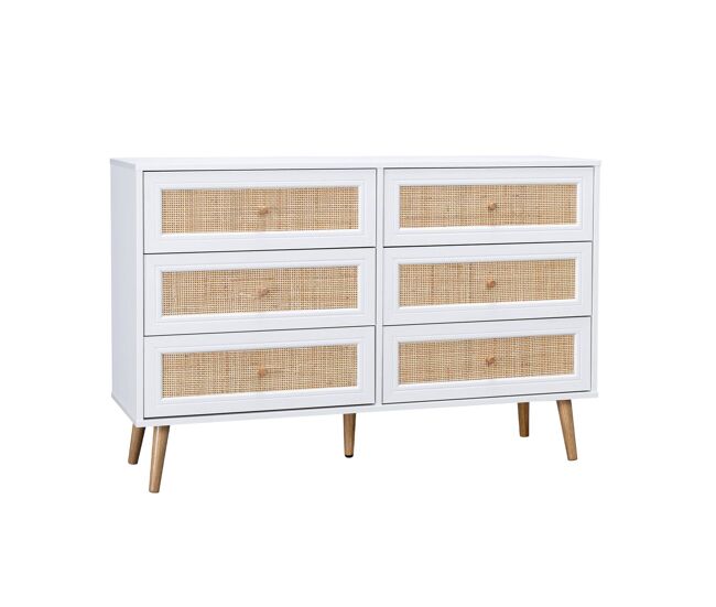 Cómoda com efeito de madeira e cana de 6 gavetas, boheme, branco sujo, 120x39x79 cm
