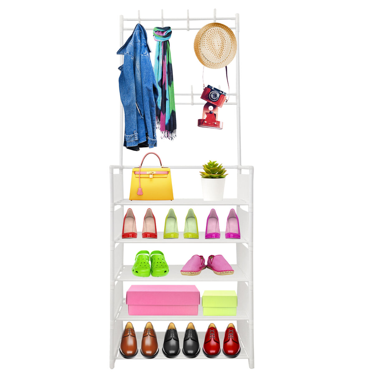 Cabide para corredor organizador de entrada plus nyana home 5 prateleiras sapateira 20 pares 8 cabides 169x60x28cm branco