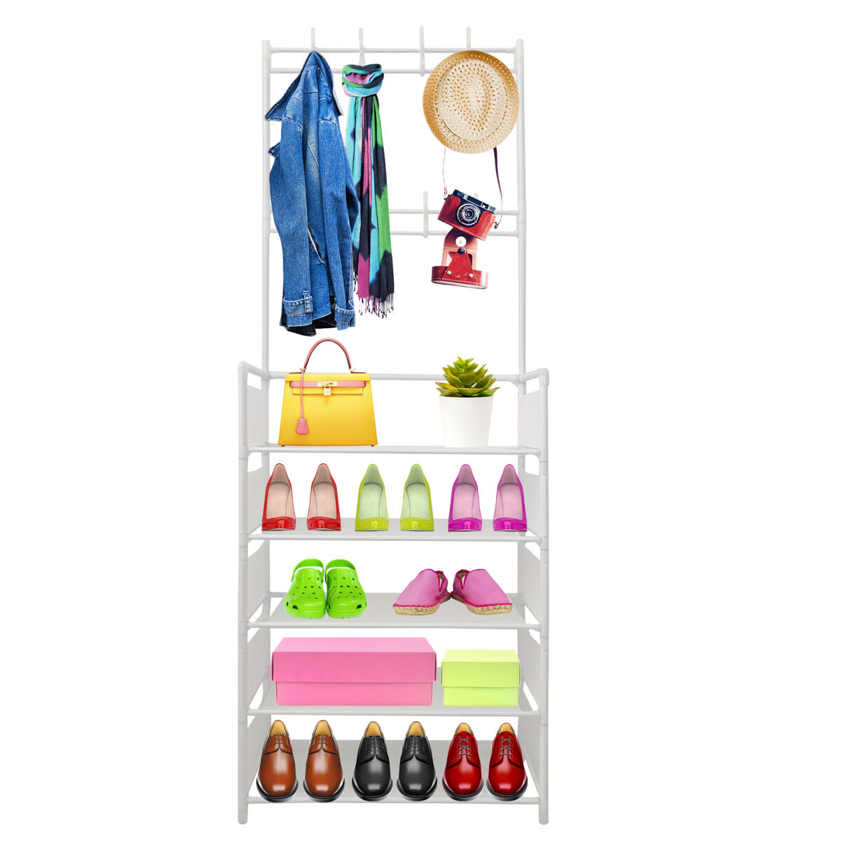 Organizador de cabide para corredor, tecido de entrada, 5 prateleiras, sapateira, 20 pares, 8 cabides, 167x60x26cm branco