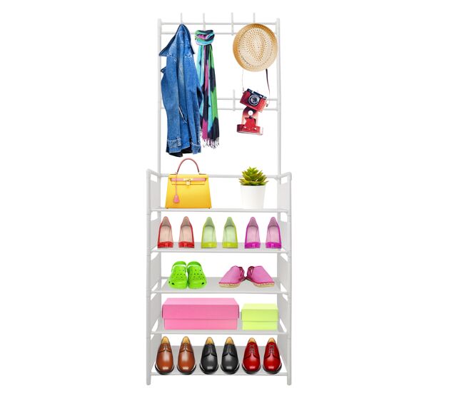 Organizador de cabide para corredor, tecido de entrada, 5 prateleiras, sapateira, 20 pares, 8 cabides, 167x60x26cm branco