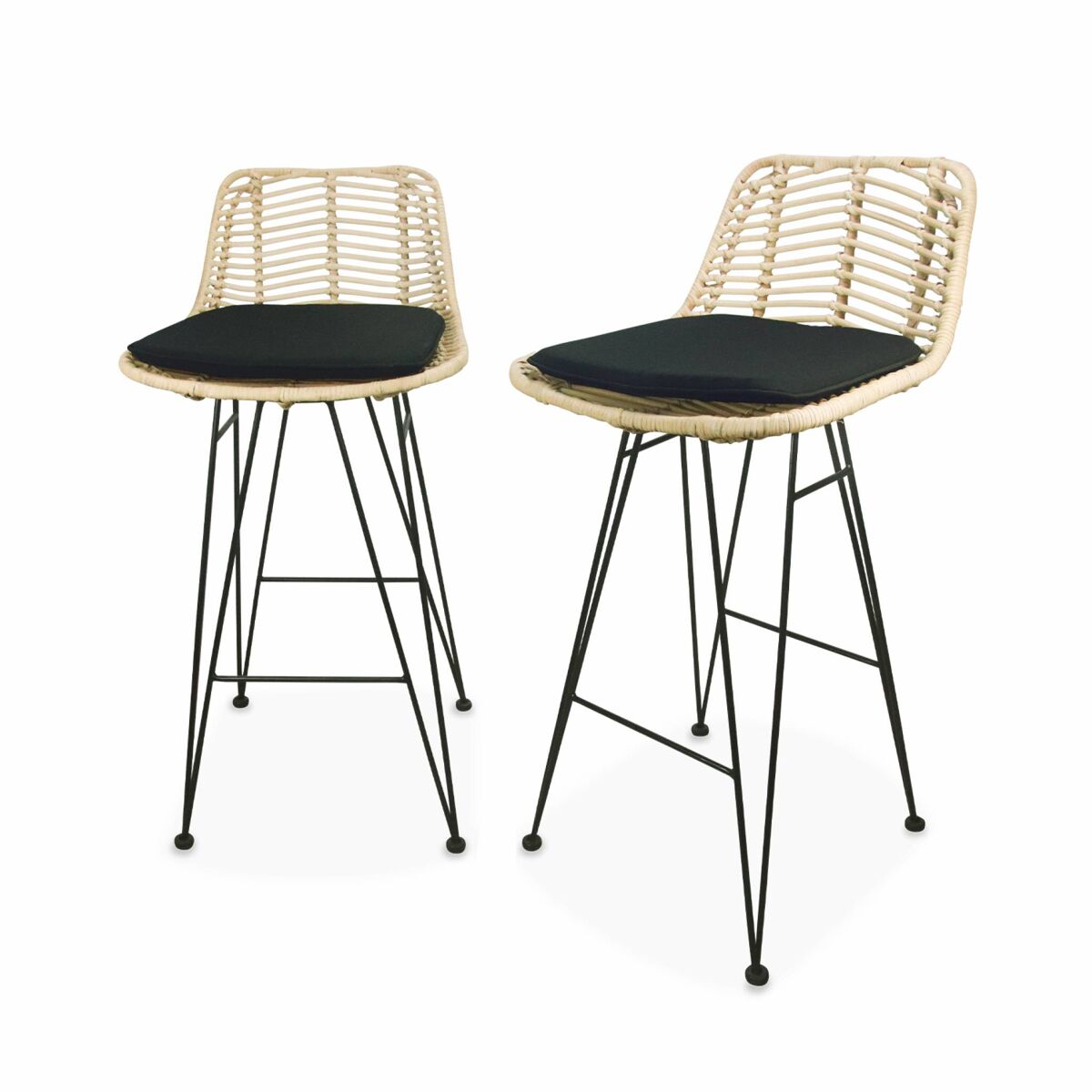 Banco alto de cozinha em metal e rotim, set de 2, cahya, preto, 42.5x48x90 cm