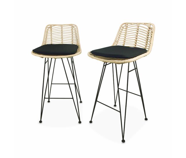 Banco alto de cozinha em metal e rotim, set de 2, cahya, preto, 42.5x48x90 cm