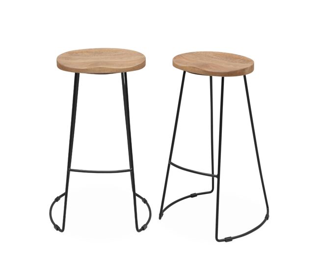Banco alto de cozinha de madeira e aço, set de 2, jaya, natural, 44x36x75 cm