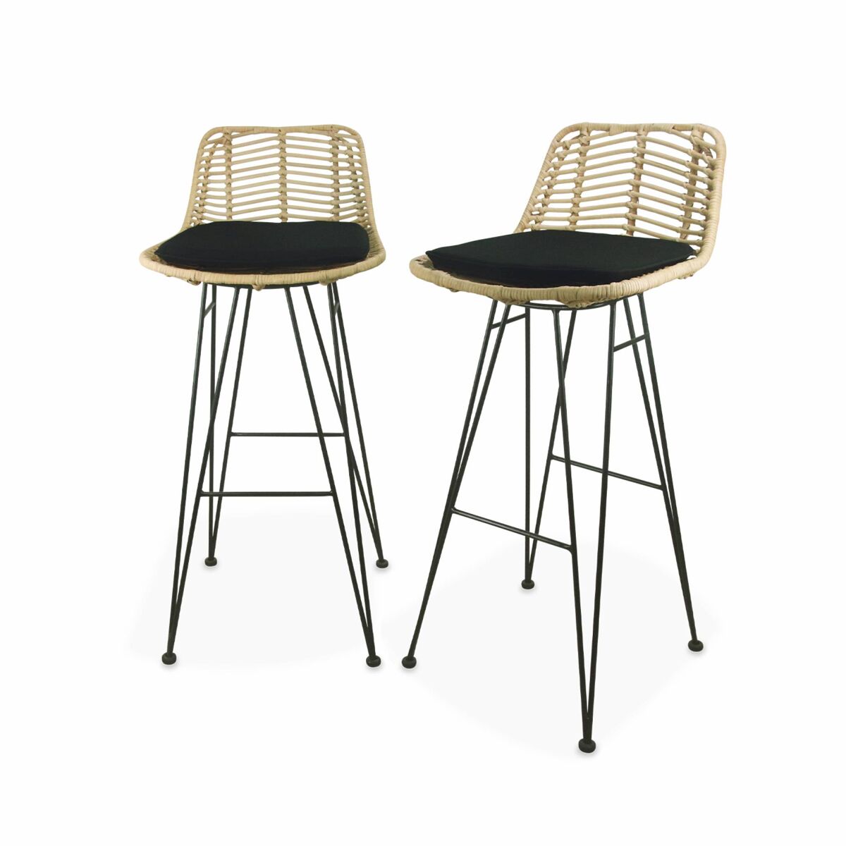 Banco alto de cozinha em metal e rotim, set de 2, cahya, noir, 42.5x48x97 cm