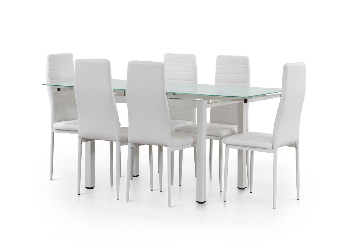 Mesa extensível de vidro + 6 cadeiras em couro sintético 170x70
