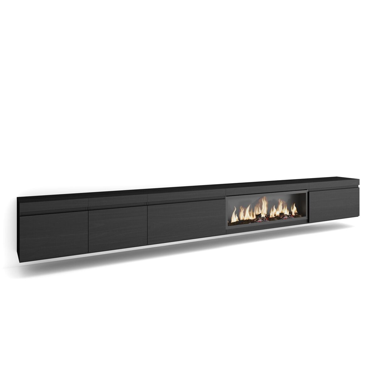 Móvel de tv, muito espaço de arrumação, 368x35x45cm lareira eléctrica xxl, suspensos, suspensos, estilo moderno, preto