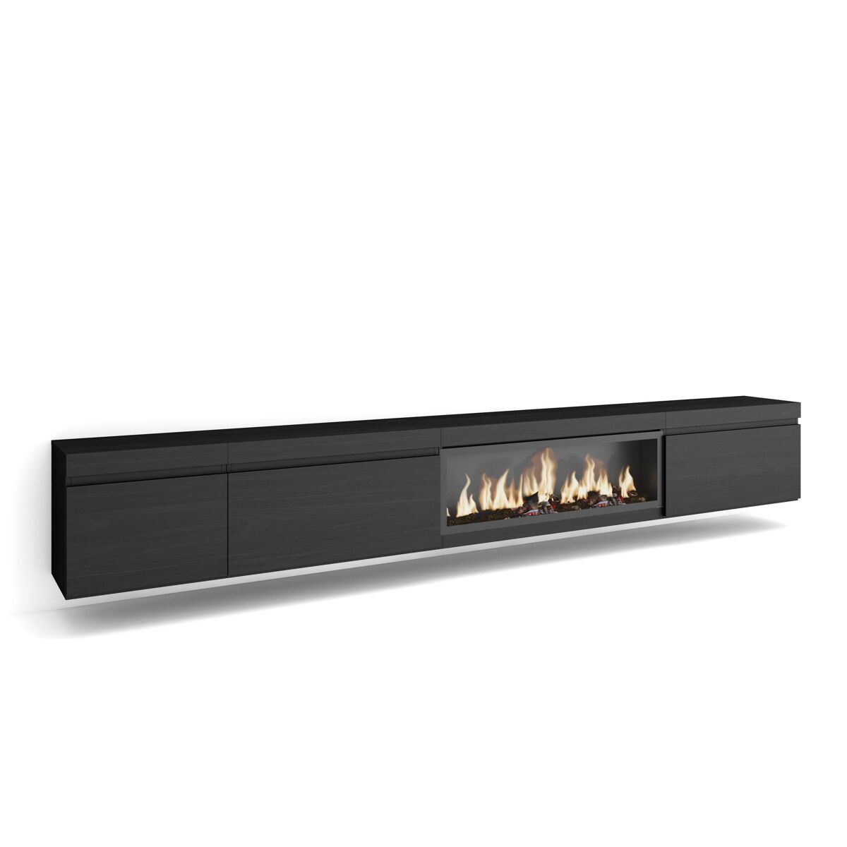 Móvel de tv, muito espaço de arrumação, 317x35x45cm, lareira eléctrica xxl, suspensos, estilo moderno, preto