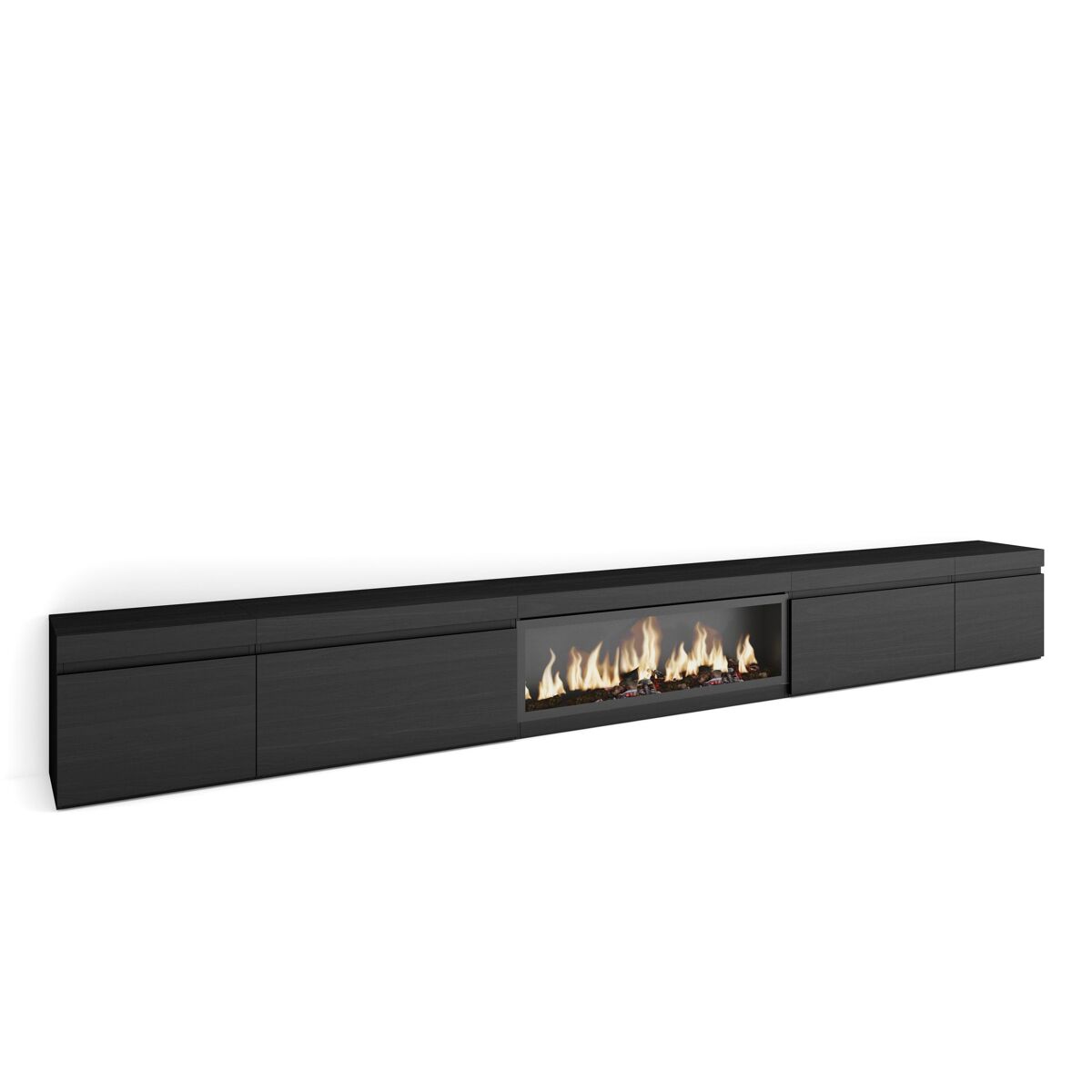 Móvel de tv, muito espaço de arrumação, 368x35x45cm lareira eléctrica xxl, estilo moderno, preto