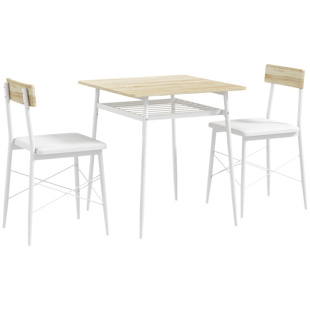 Homcom conjunto de refeição de 3 peças conjunto 1 mesa de cozinha 70x70x75 cm e 2 cadeiras 40x50x80 cm com étagère de armazenamento e estrutura de acier blanc e madeira