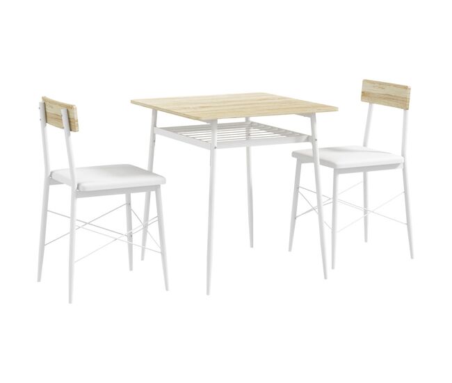 Homcom conjunto de refeição de 3 peças conjunto 1 mesa de cozinha 70x70x75 cm e 2 cadeiras 40x50x80 cm com étagère de armazenamento e estrutura de acier blanc e madeira