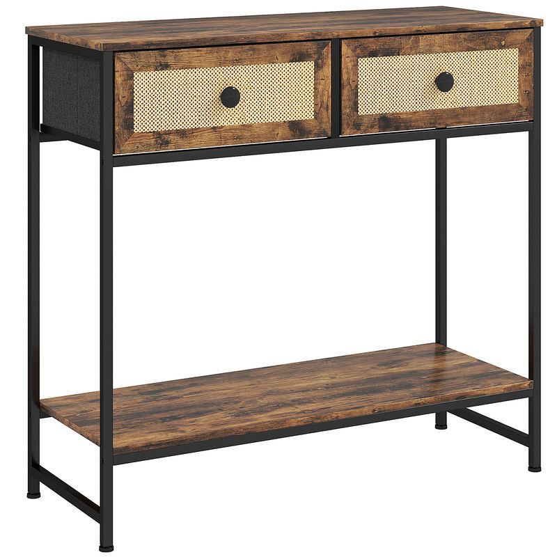 Homcom mesa consola móvel de entrada com prateleira aberta 2 gavetas frente em vime consola de entrada corredor 80x30x75 cm marrom rústico