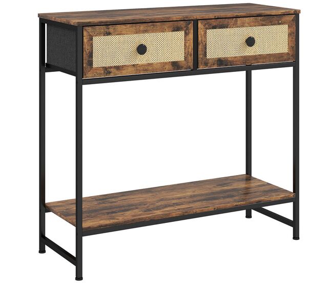 Homcom mesa consola móvel de entrada com prateleira aberta 2 gavetas frente em vime consola de entrada corredor 80x30x75 cm marrom rústico