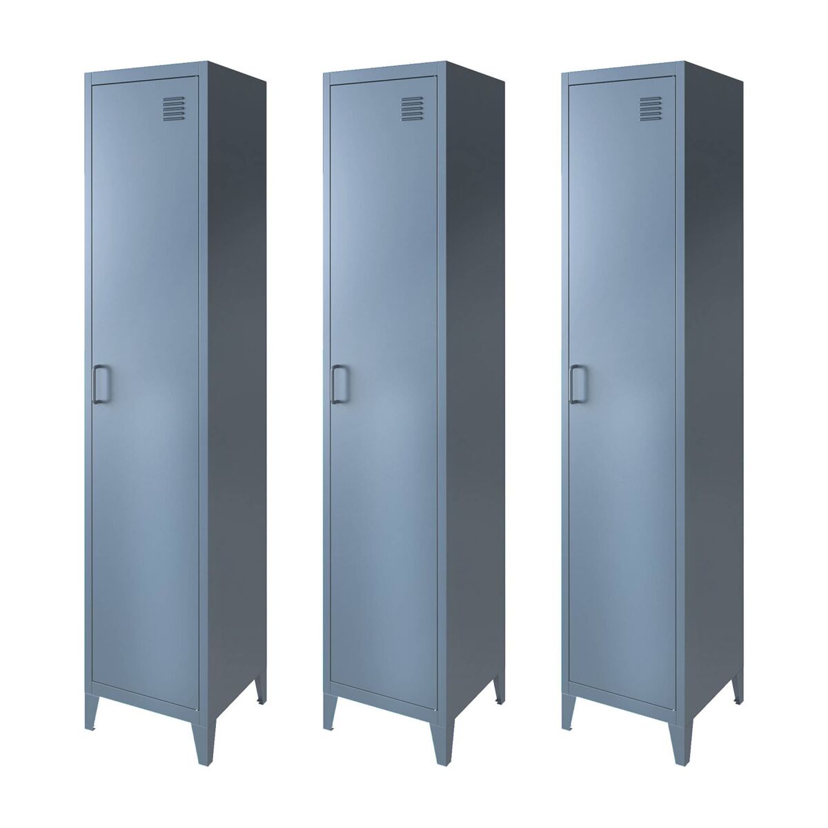 Armário em metal, 4 espaços de armazenamento, set de 3, soho, azul cinza, 38x38x180 cm