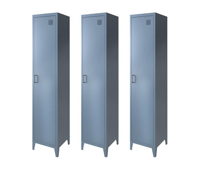 Armário em metal, 4 espaços de armazenamento, set de 3, soho, azul cinza, 38x38x180 cm