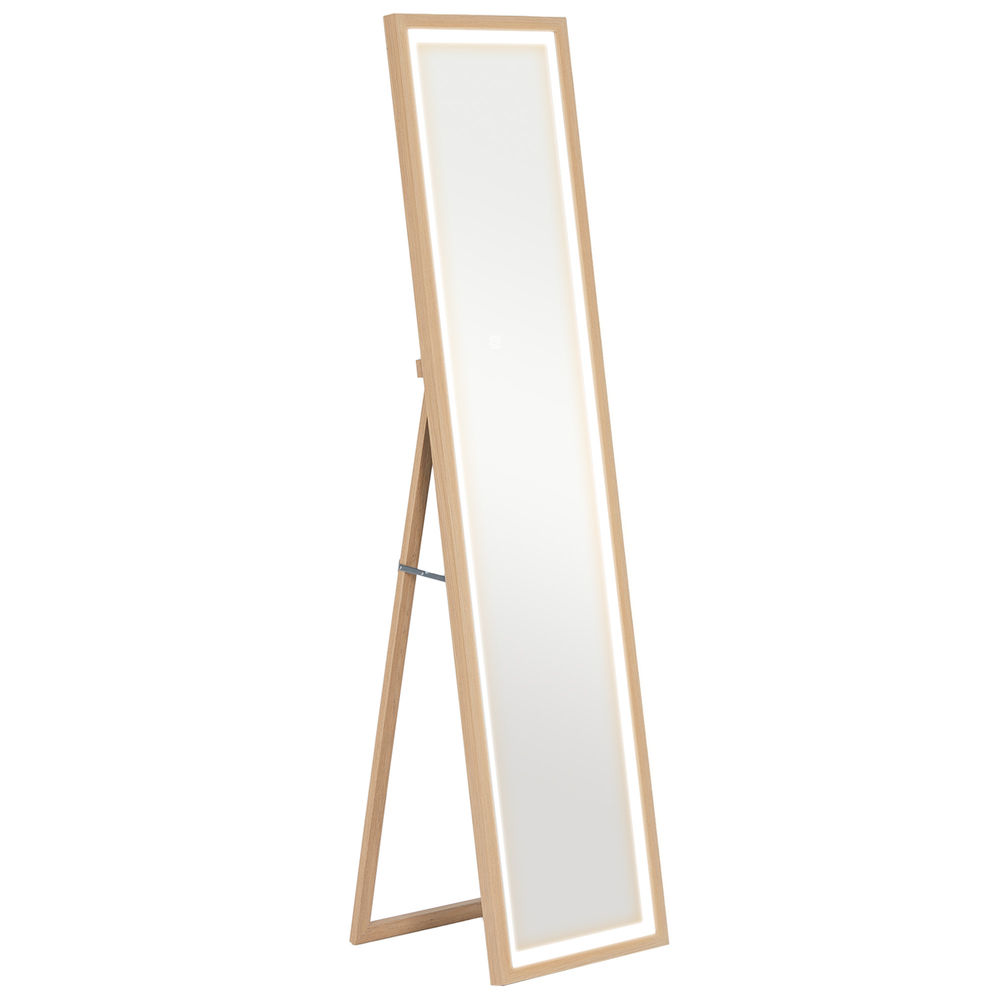 Homcom espelho de pé com luz led 40x160 cm espelho de corpo inteiro com iluminação de 3 cores tátil função de memória e suporte para sala de estar