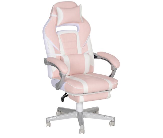Homcom cadeira gaming reclinável com altura ajustável, apoio para os pés retrátil, suporte lombar e almofada de cabeça removível, para escritório, estudo, rosa