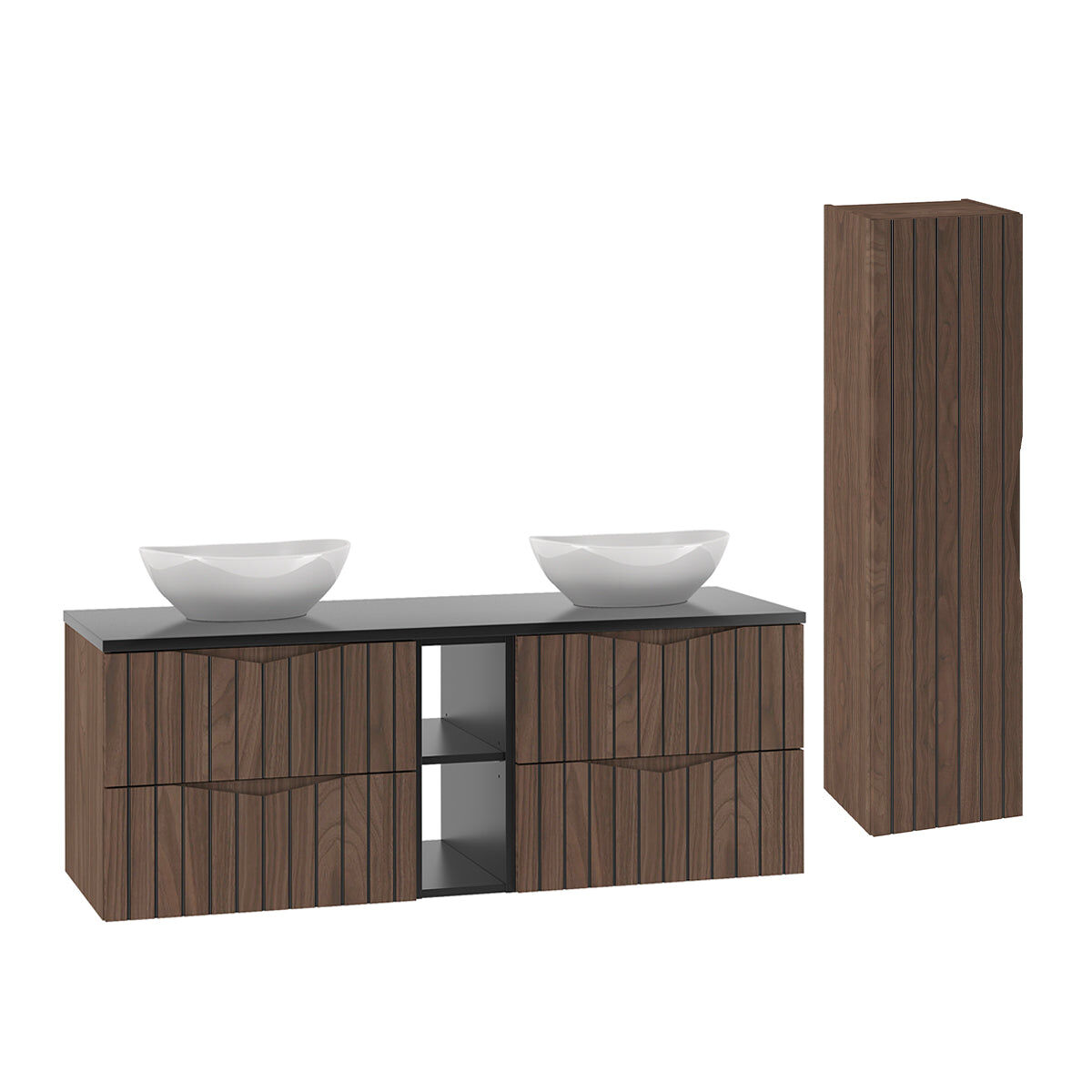 Conjunto móvel lavatório duplo 140cm 2 nichos e coluna siena madeira e preto