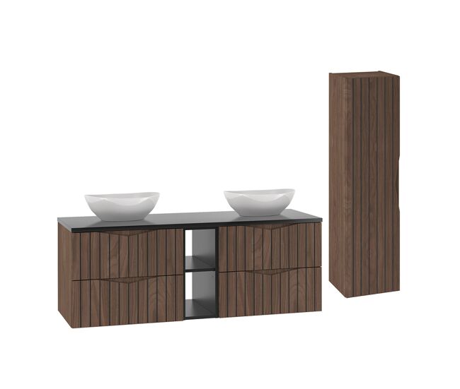 Conjunto móvel lavatório duplo 140cm 2 nichos e coluna siena madeira e preto