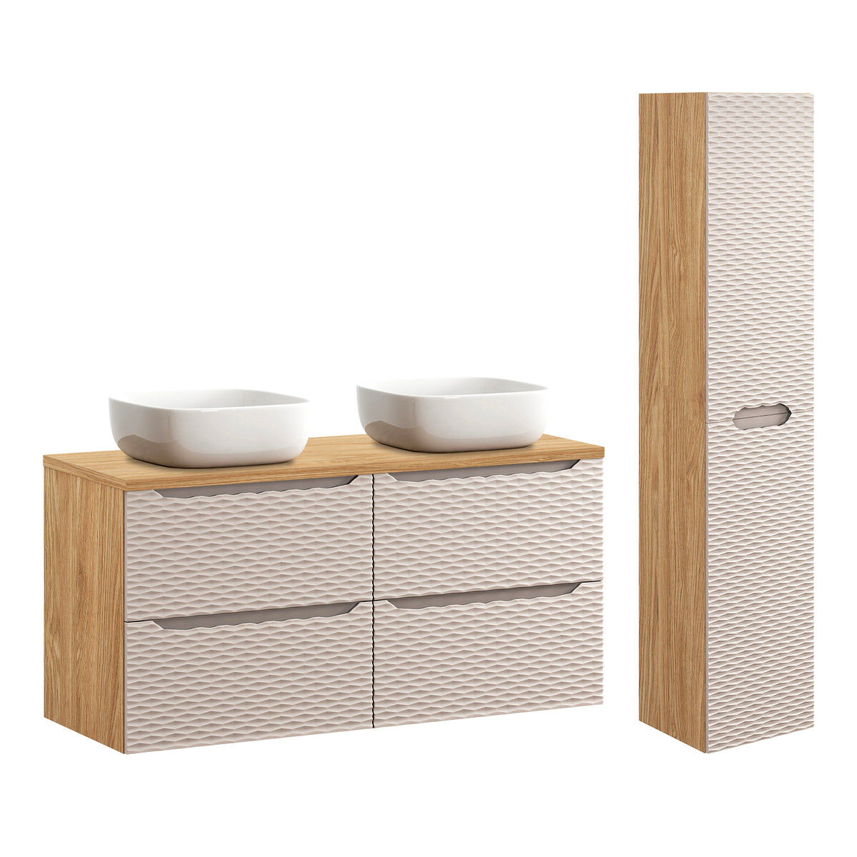 Conjunto móvel lavatório duplo 120cm 4 gavetas e enceinte elora bege e madeira