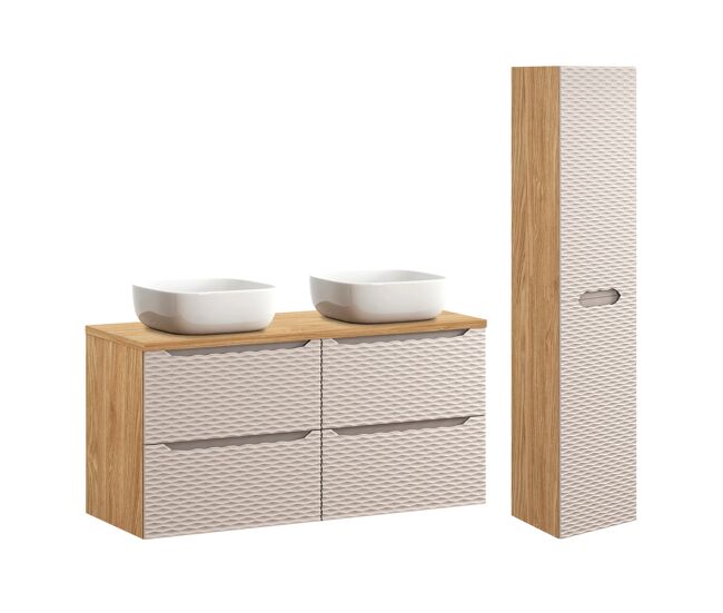 Conjunto móvel lavatório duplo 120cm 4 gavetas e enceinte elora bege e madeira