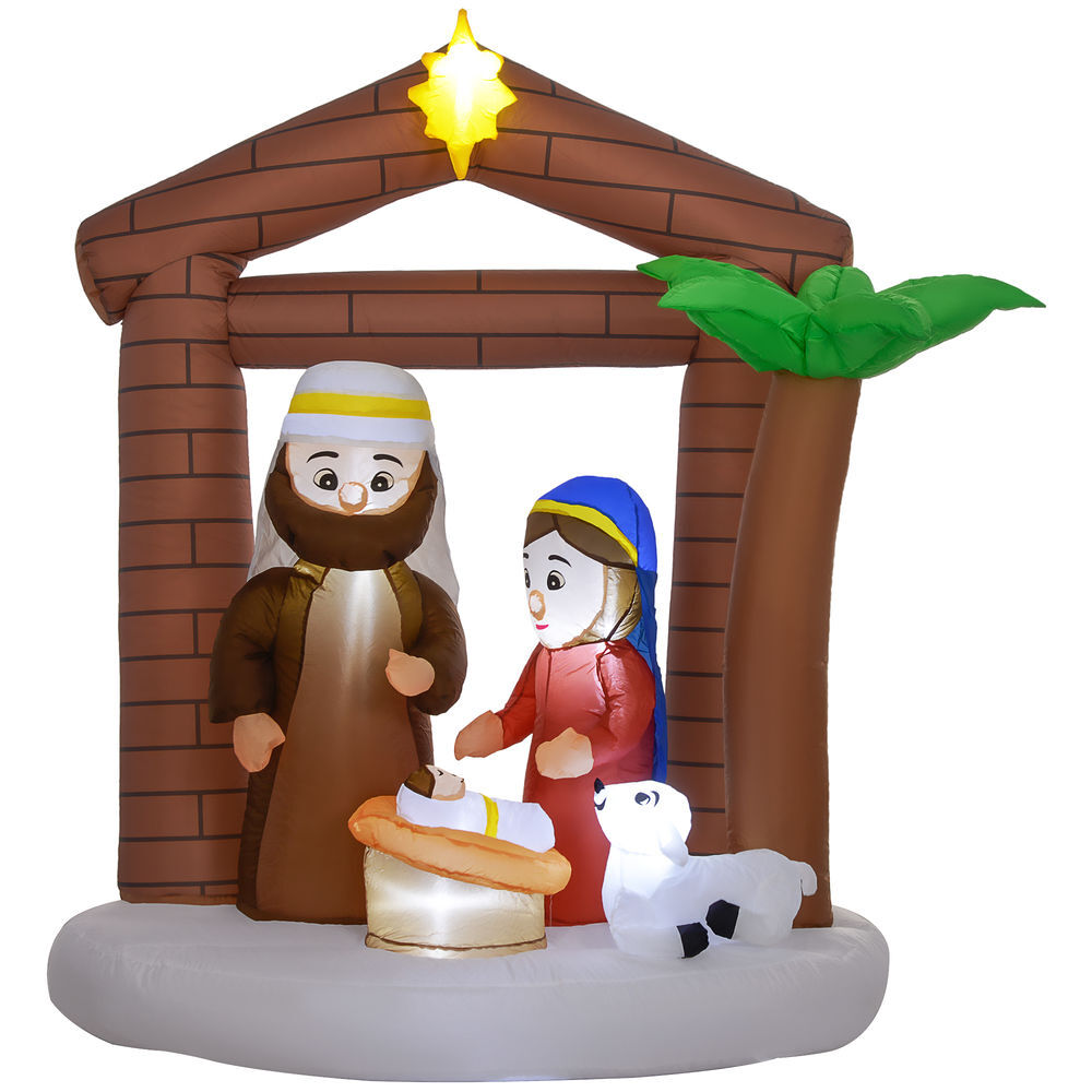 Outsunny presépio insuflável de natal decoração insuflável natalícia com luzes led e insuflador insuflável de natal para exterior 150x90x185 cm