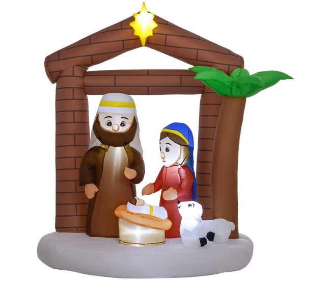 Outsunny presépio insuflável de natal decoração insuflável natalícia com luzes led e insuflador insuflável de natal para exterior 150x90x185 cm