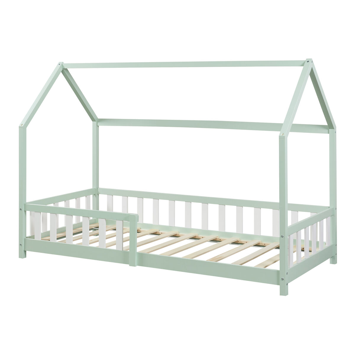 Cama de criança hesel em forma de casa de pinho com gradeamento 90x200cm - verde menta [en.casa]